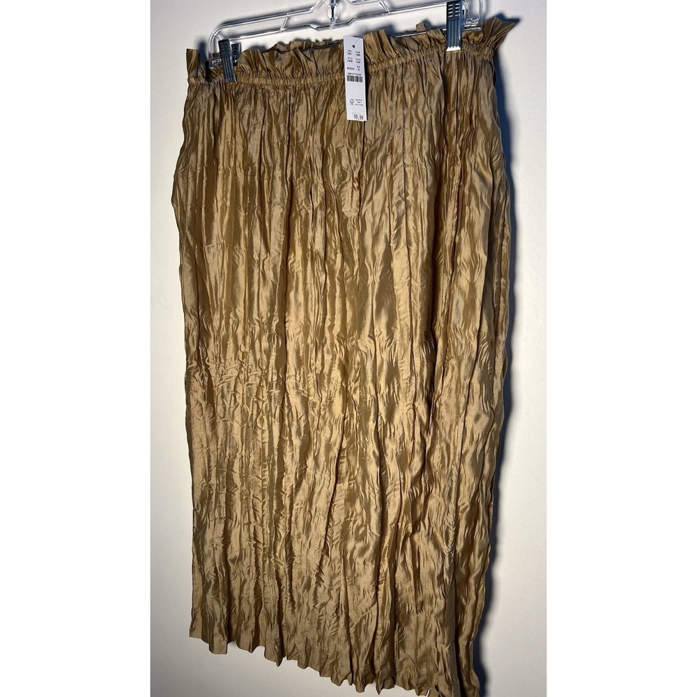 Womens Crinkle Pleated Midi Skirt Taupe Elastic Waist Boho Travel NWT M MSRP 100